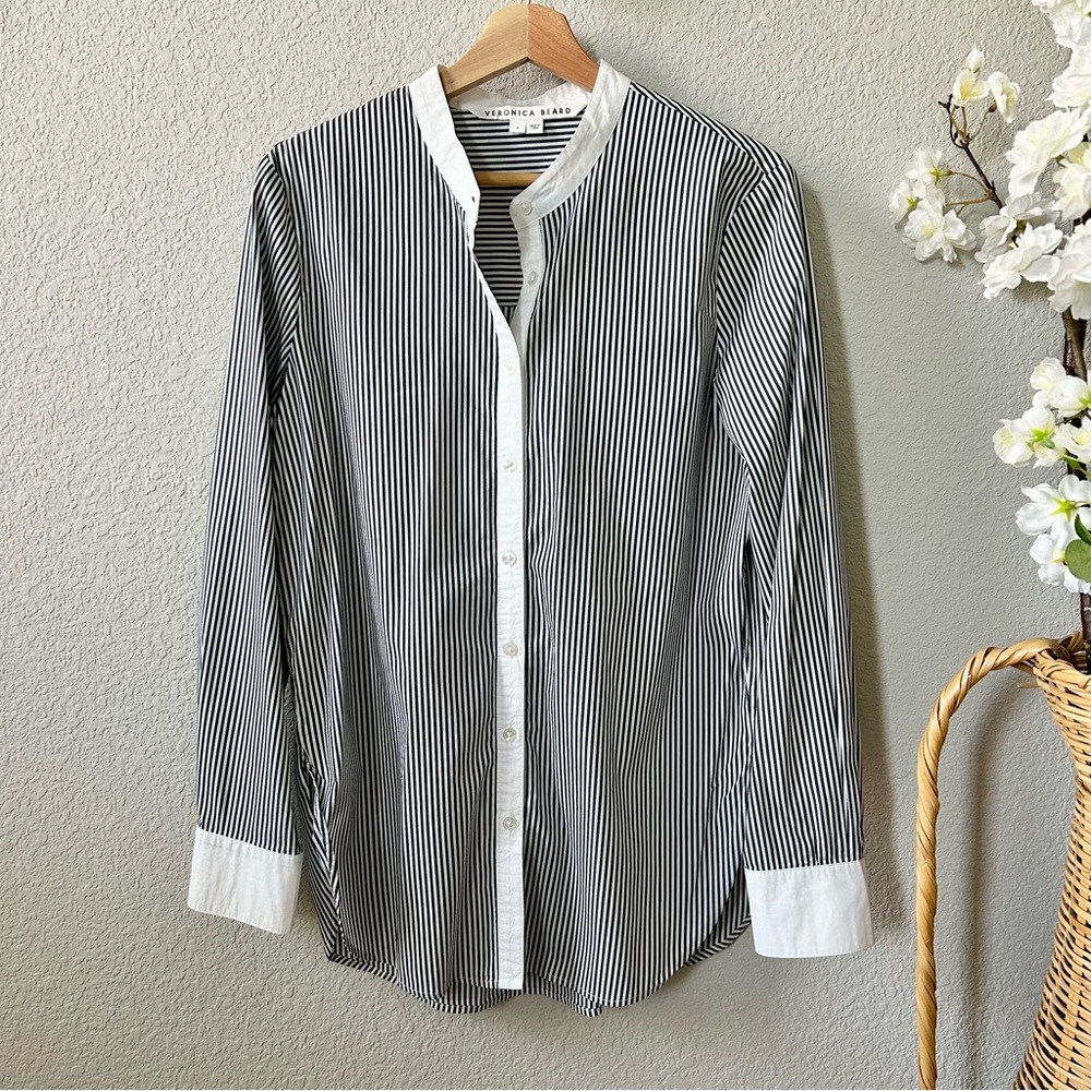 Veronica Beard Gwinn Tunic Shirt Size 8 Charcoal White Stripe Long Sleeve